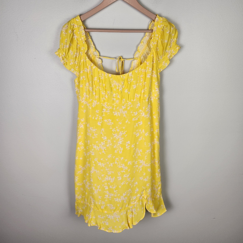 NWT Sophie Rue Yellow‎ Multi Floral Puff Sleeve Mini Peasant Dress Large #646